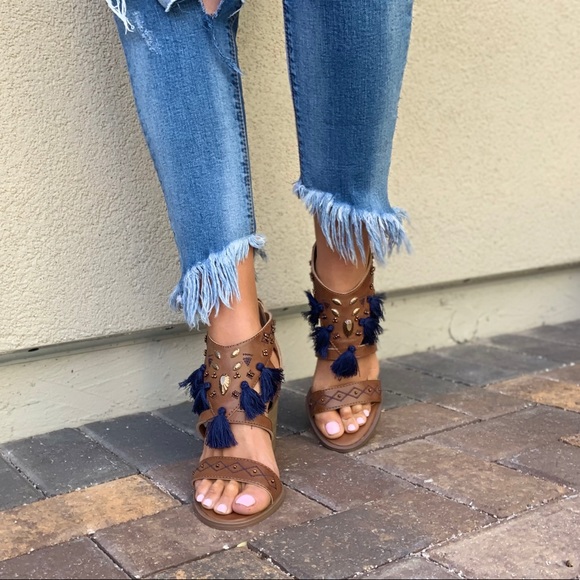 Boho Tassel Detail Embellished Block Heel Sandal - Picture 4 of 8